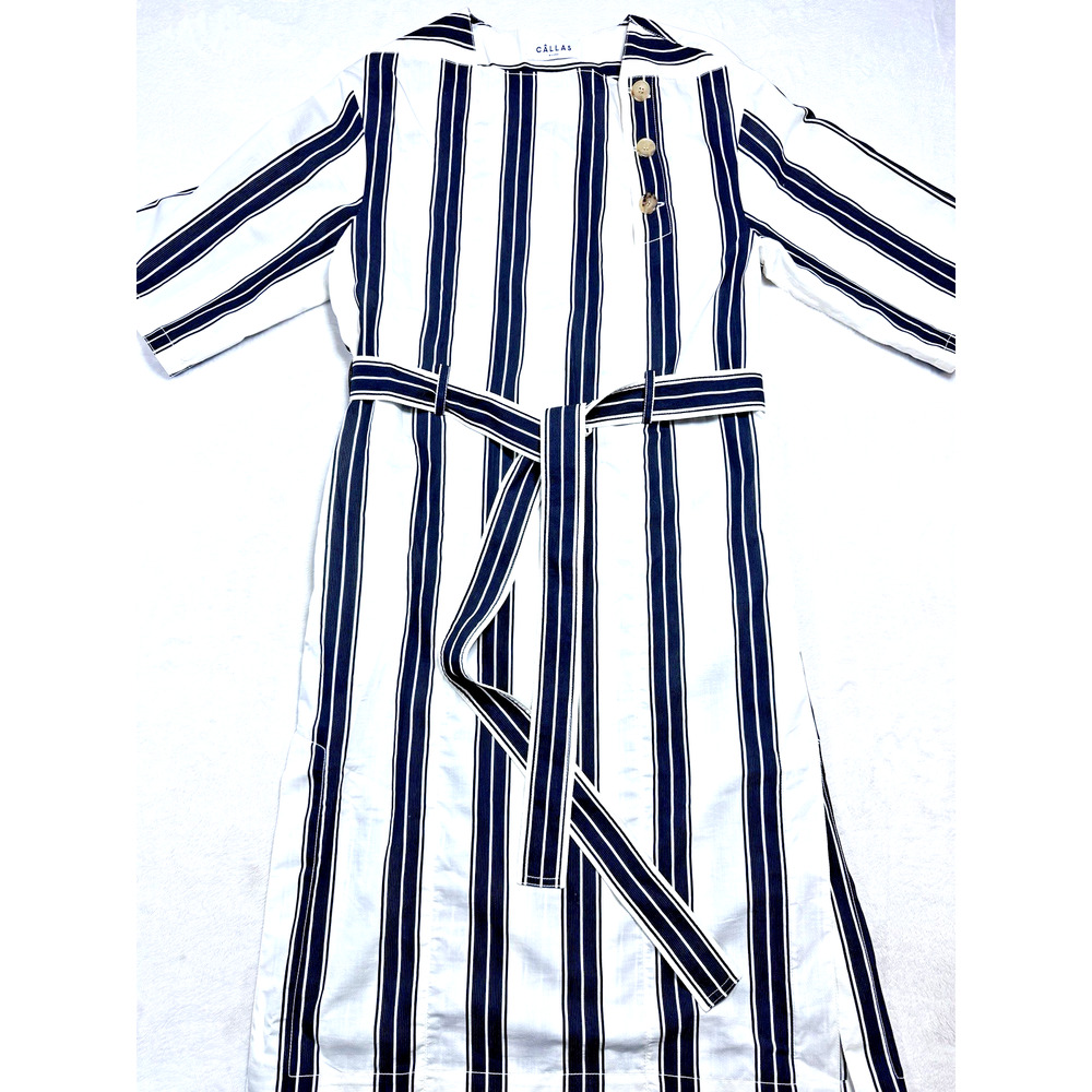 Callas Milano Striped Belted Cotton Kaftan Dress Sz 14 Cream Black Made In Italy